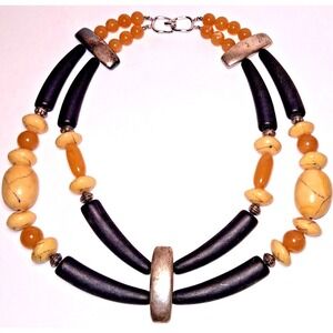 Vintage Les Bernard Double Strand Faux Horn Runway Necklace Black & Amber Resin
